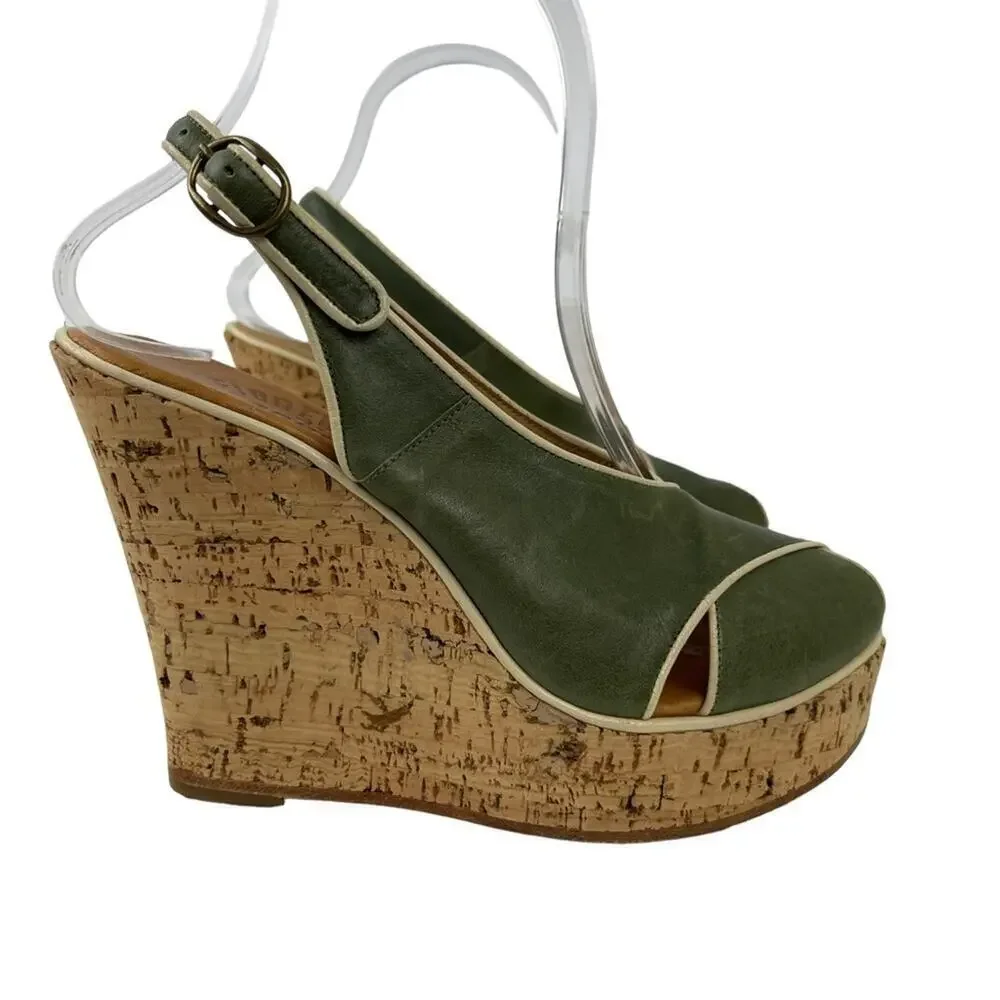 Fiorentini Baker Platform Cork Wedge Ankle Strap Green Leather Peep Toe Sandals